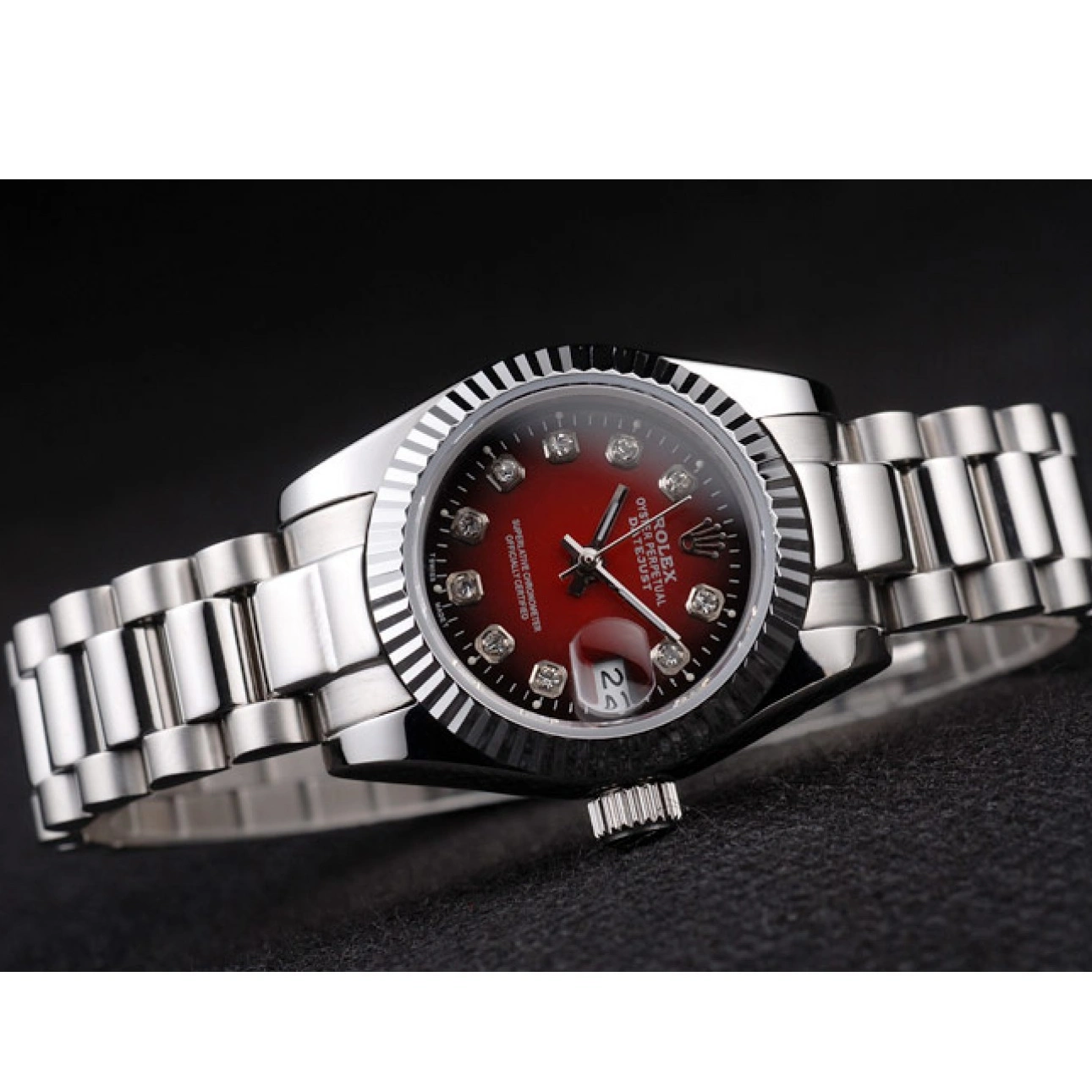 MiroTime 1015 Rolex Datejust Polished Stainless Steel Two Tone Red Dial
